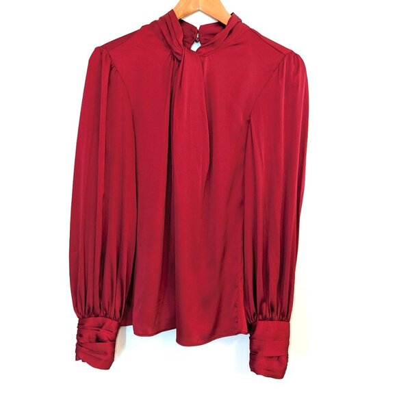 NWT White House Black Market | Long Sleeve Twisted Neck Red Satin Blouse Size 8 - Picture 7 of 13